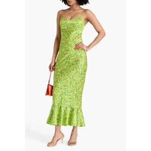 Saloni Victoria Tang 100% Silk Green Floral Mimi Maxi Dress Size US 4 UK 8